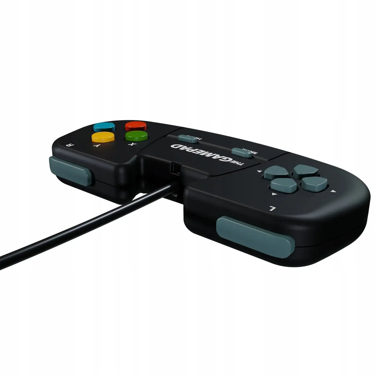 Czarny gamepad z kolorowymi przyciskami i kablem, idealny do gier i rozrywki w domu