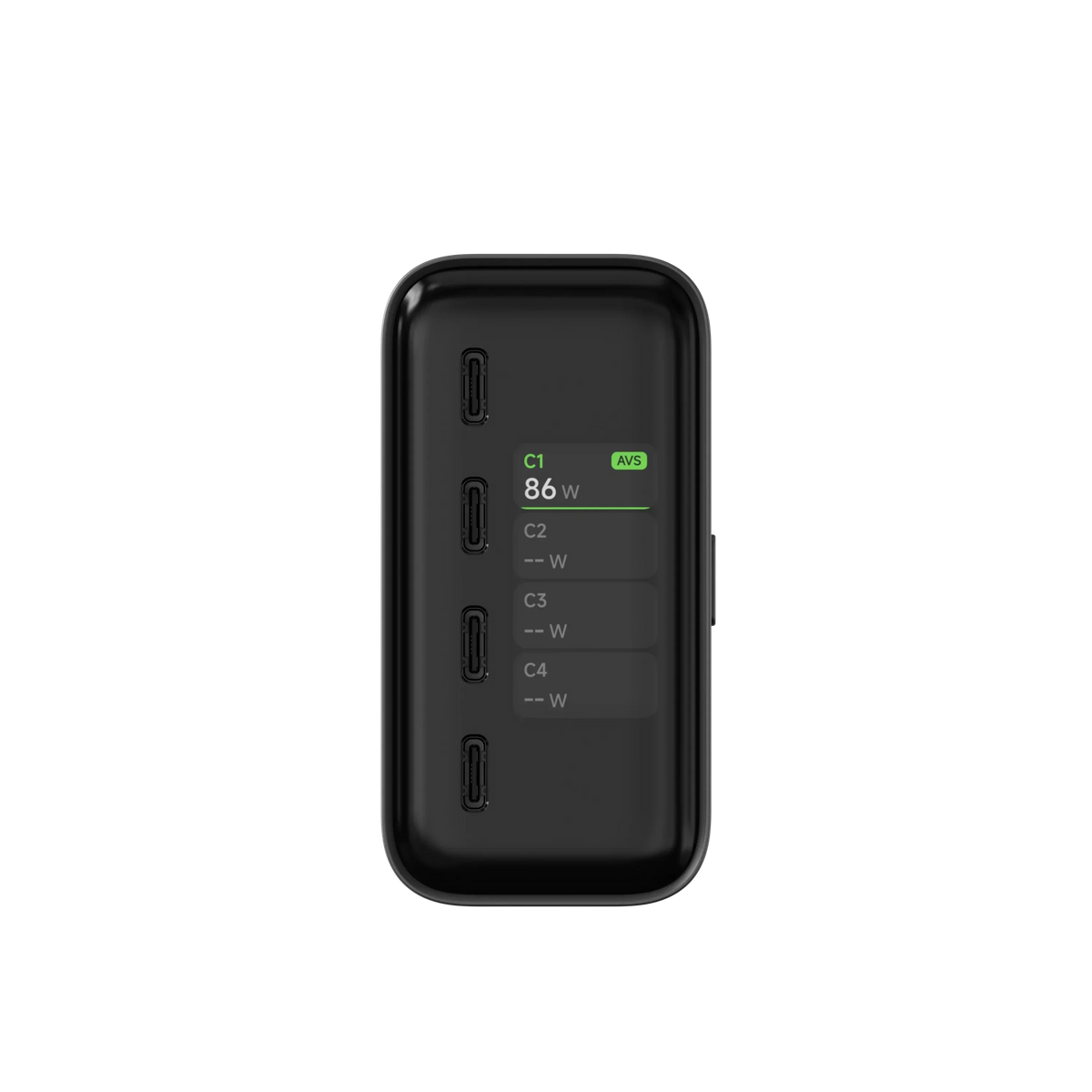 Czarna ładowarka USB-C z wyświetlaczem mocy 86W, idealna do Home Office i desk setupu.