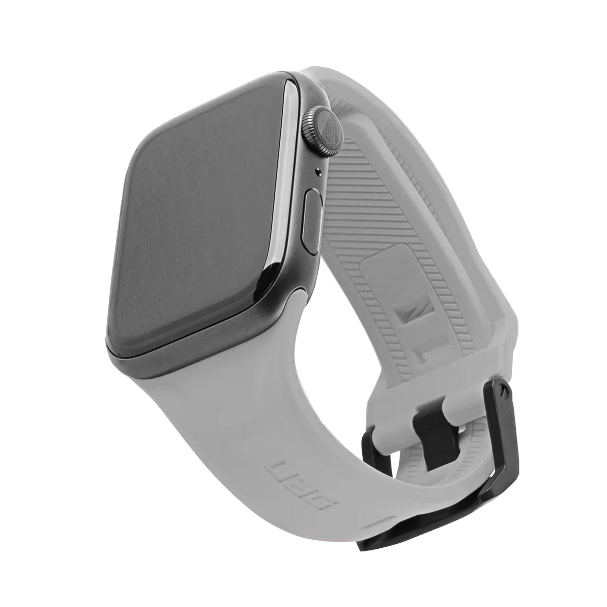 Szary pasek UAG do Apple Watch z ochronnym etui, idealny dla aktywnego stylu życia i komfortu w pracy