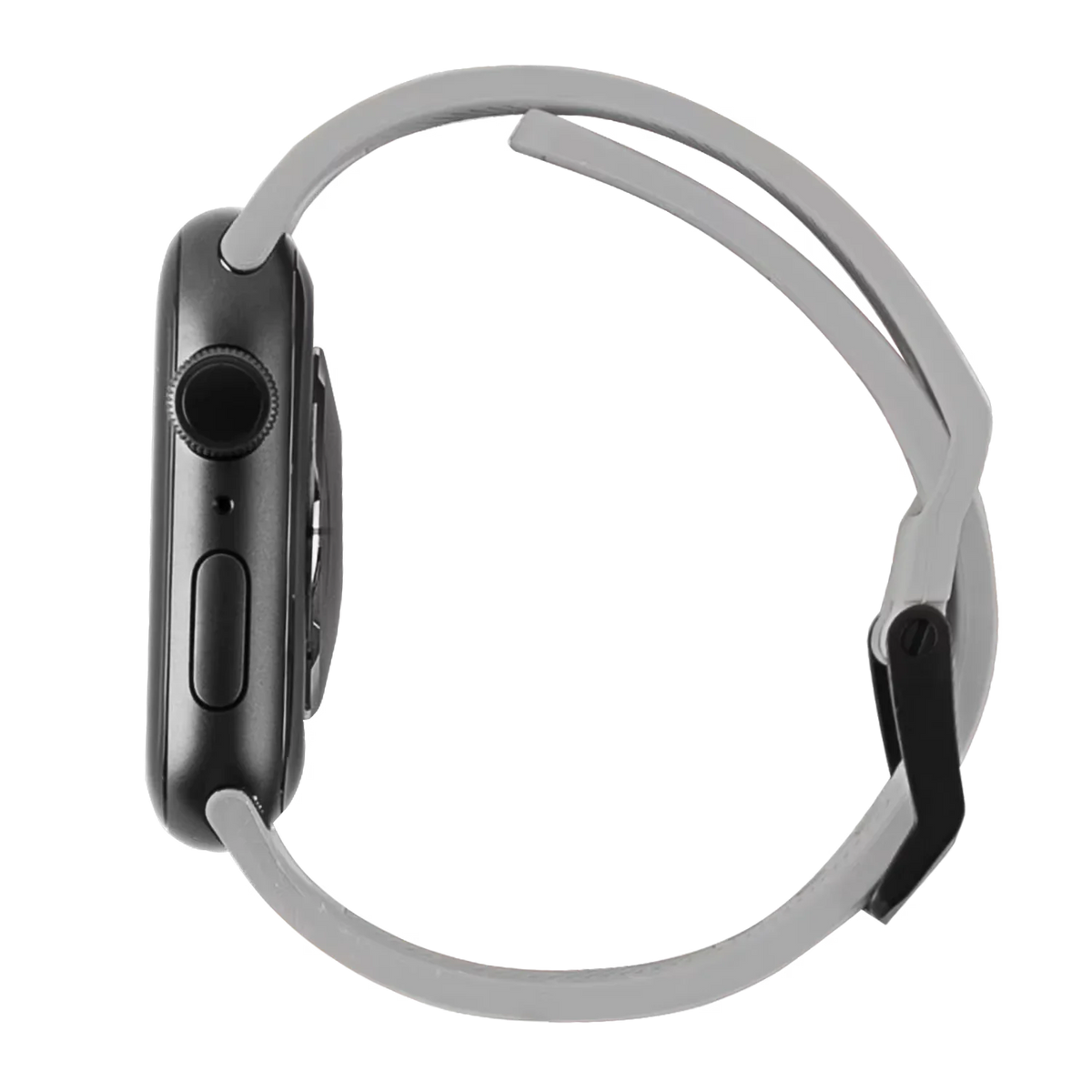 Szary pasek do smartwatcha z czarnym obudowaniem, idealny do home office i aktywnego stylu życia