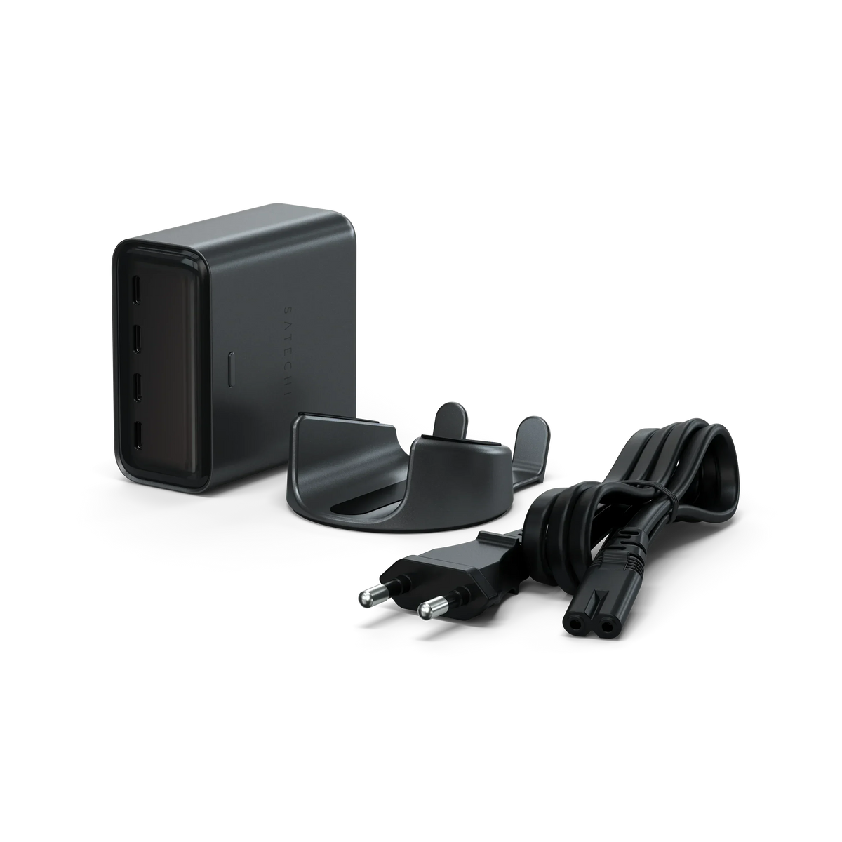 Czarna ładowarka USB-C z wieloma portami, kabel i uchwyt do biurka – idealna dla Home Office
