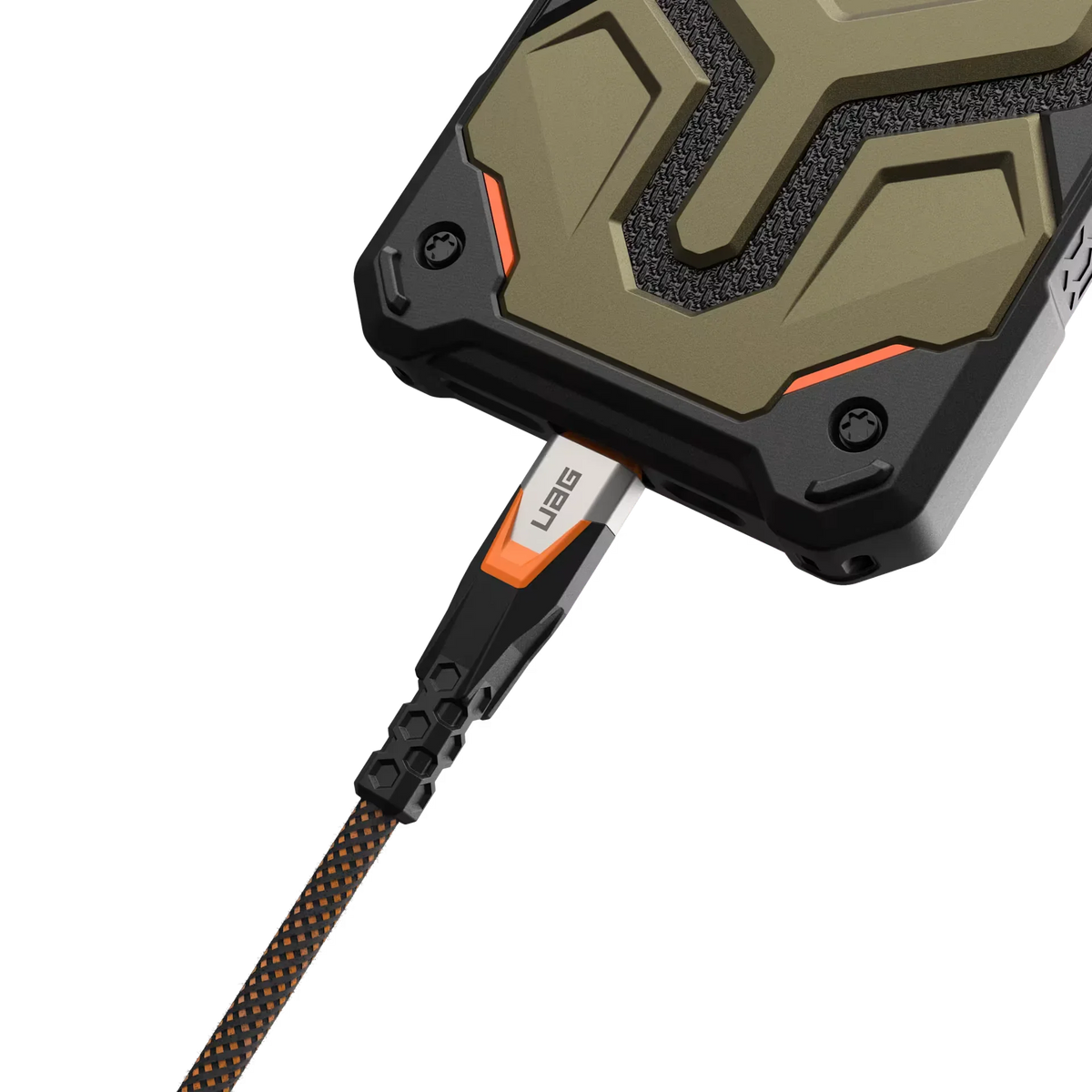 Złącze USB-C UAG do mocnego, wojskowego etui na telefon z przewodem w kolorze pomarańczowo-czarnym