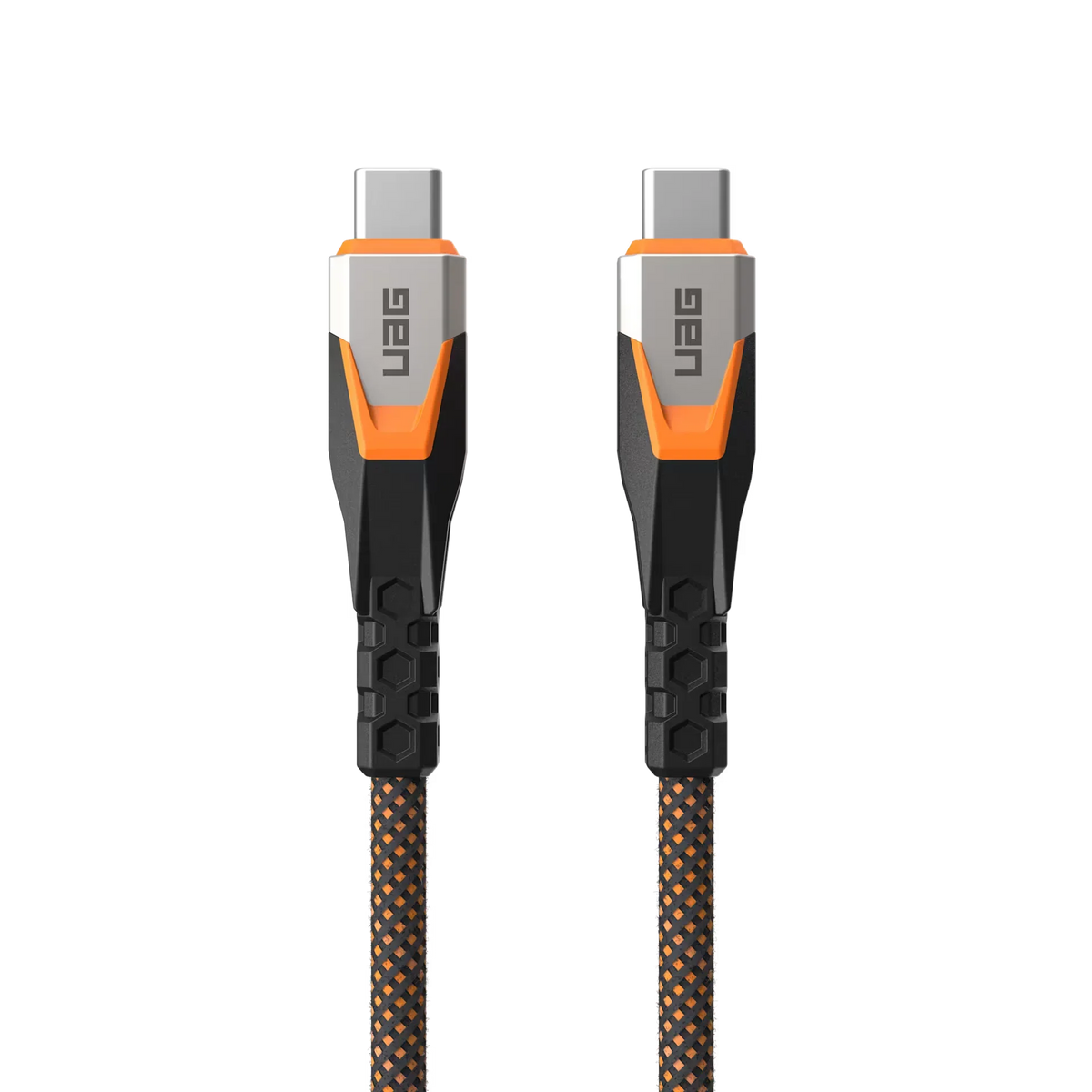 Kabel USB-C do USB-C z przewodem w plecionce czarno-pomarańczowej, idealny do ładowania i synchronizacji urządzeń w Home Office.