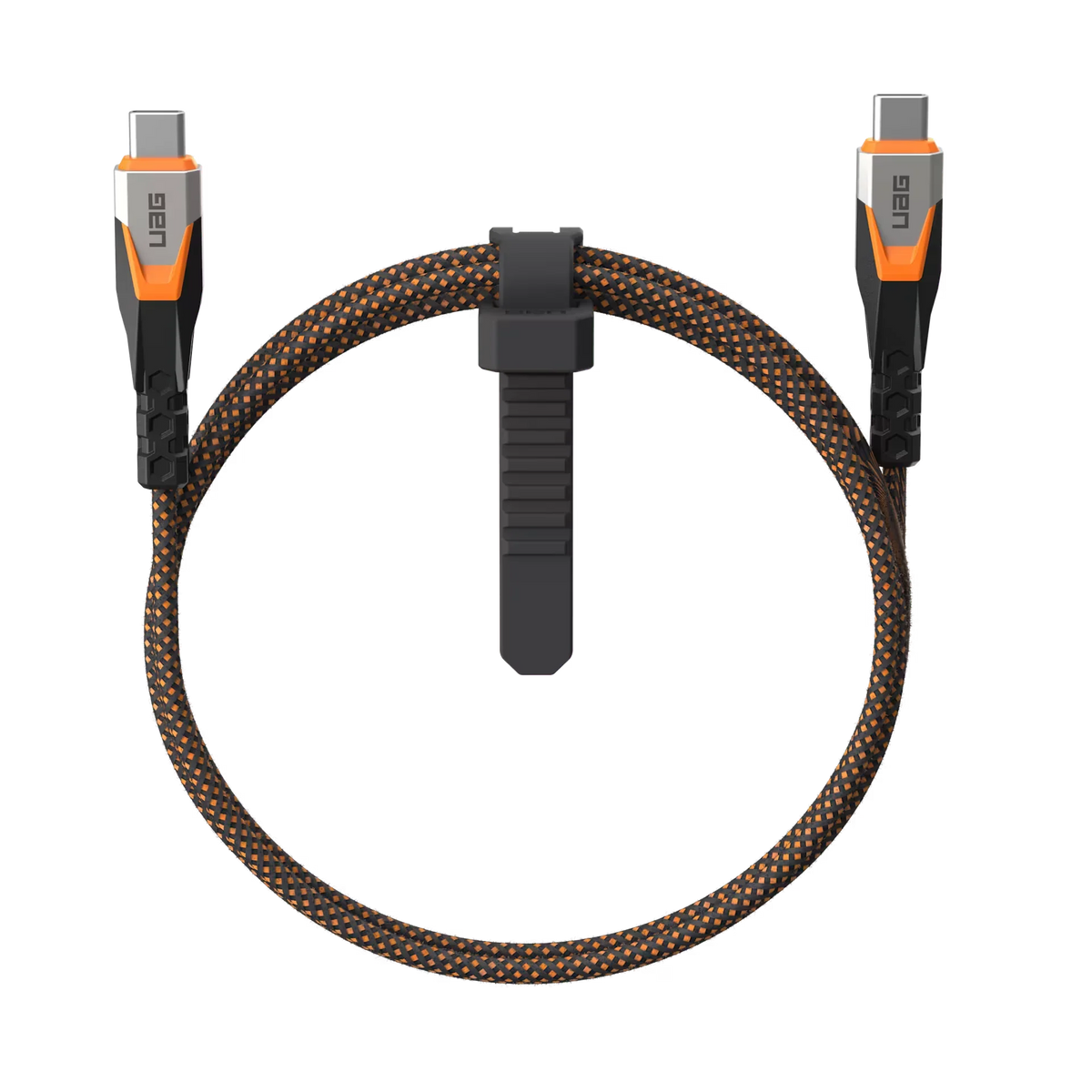 Kabel USB-C do USB-C UAG, czarno-pomarańczowy, z plecioną osłoną, idealny do ładowania i transferu danych w Home Office.