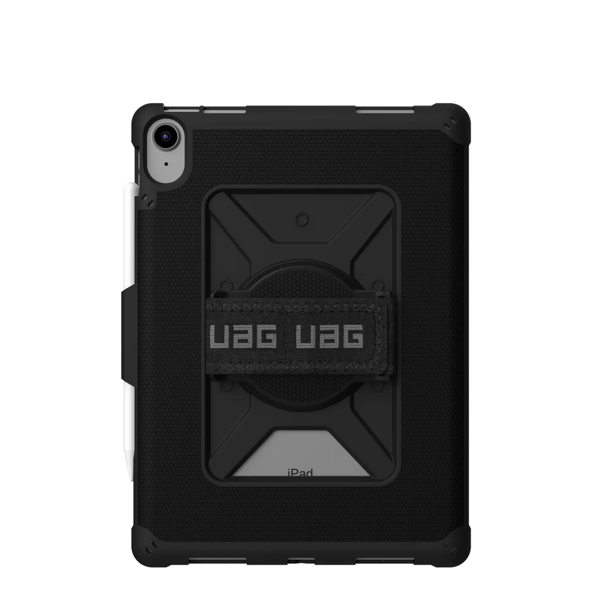 Czarny etui UAG na iPad z uchwytem i paskiem, idealne do home office i biura