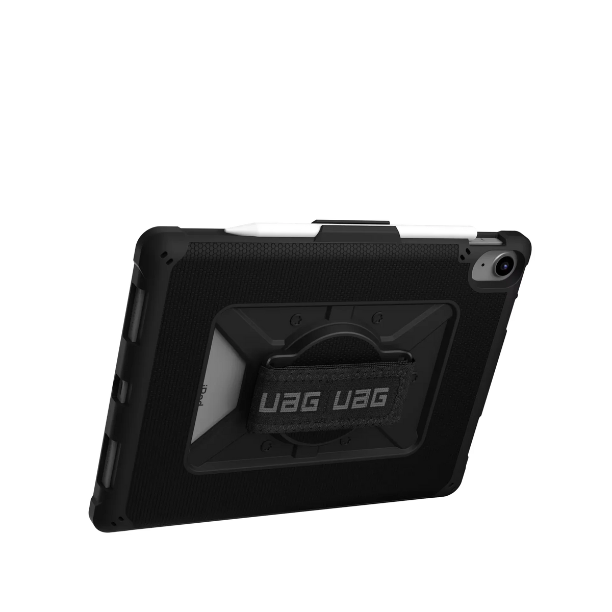 Czarna obudowa UAG na tablet z uchwytem i paskiem, idealna do Home Office i pracy mobilnej.