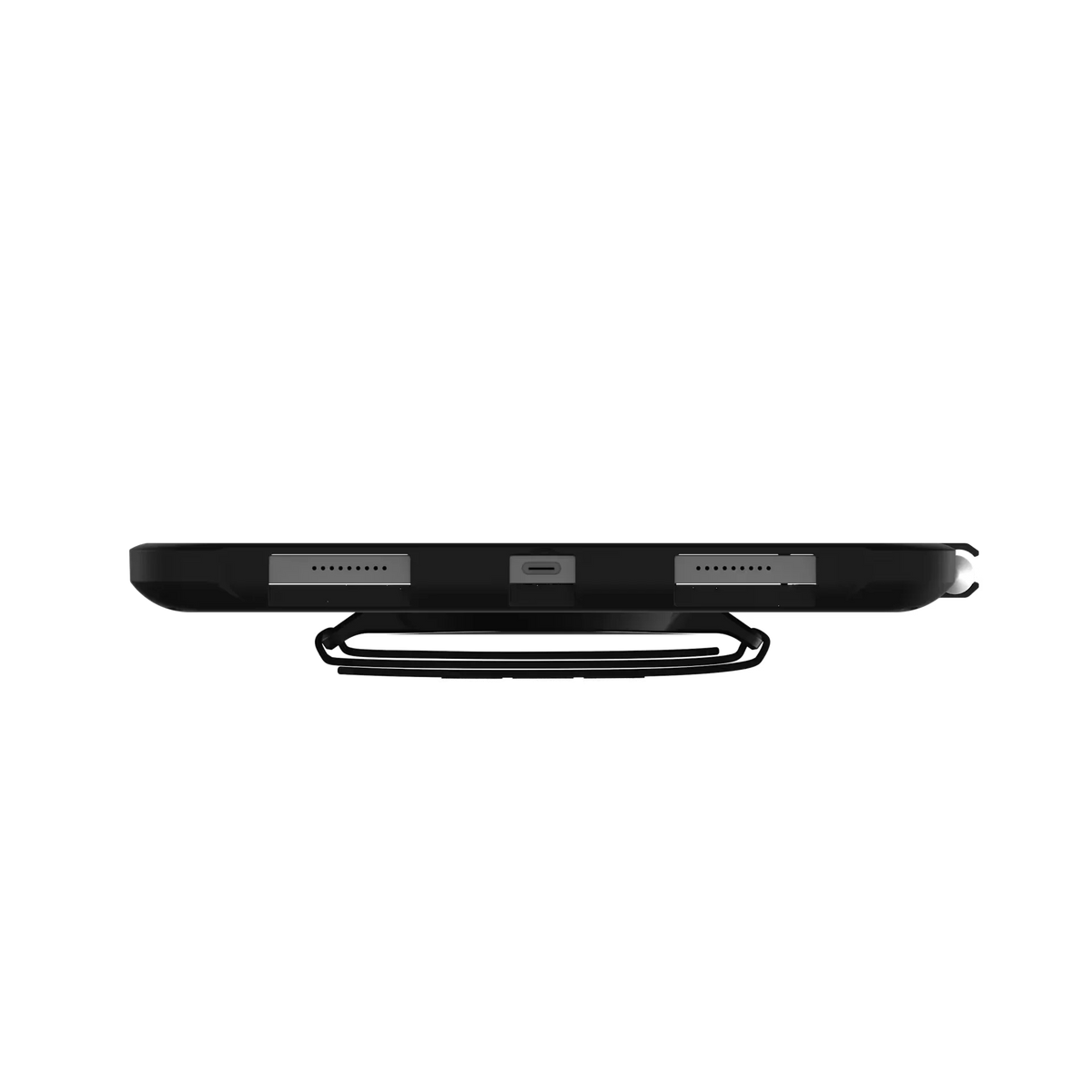 Czarny stojak na telefon z portem USB-C i otworami wentylacyjnymi, idealny do home office