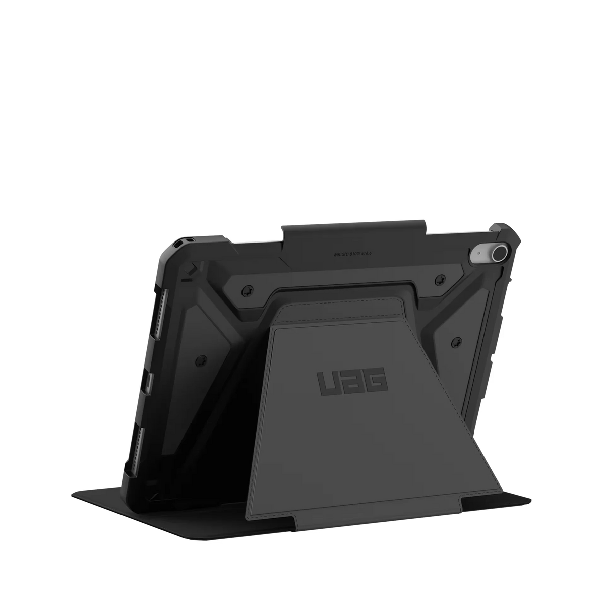 Czarny etui UAG z podstawką na tablet, idealne do Home Office i biurka