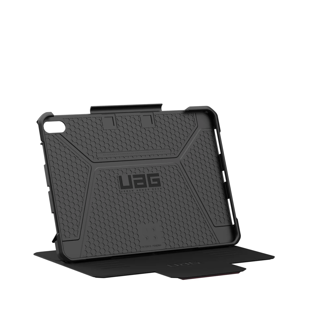 Czarny etui UAG z podstawką do tabletu, idealne dla Home Office i biurka