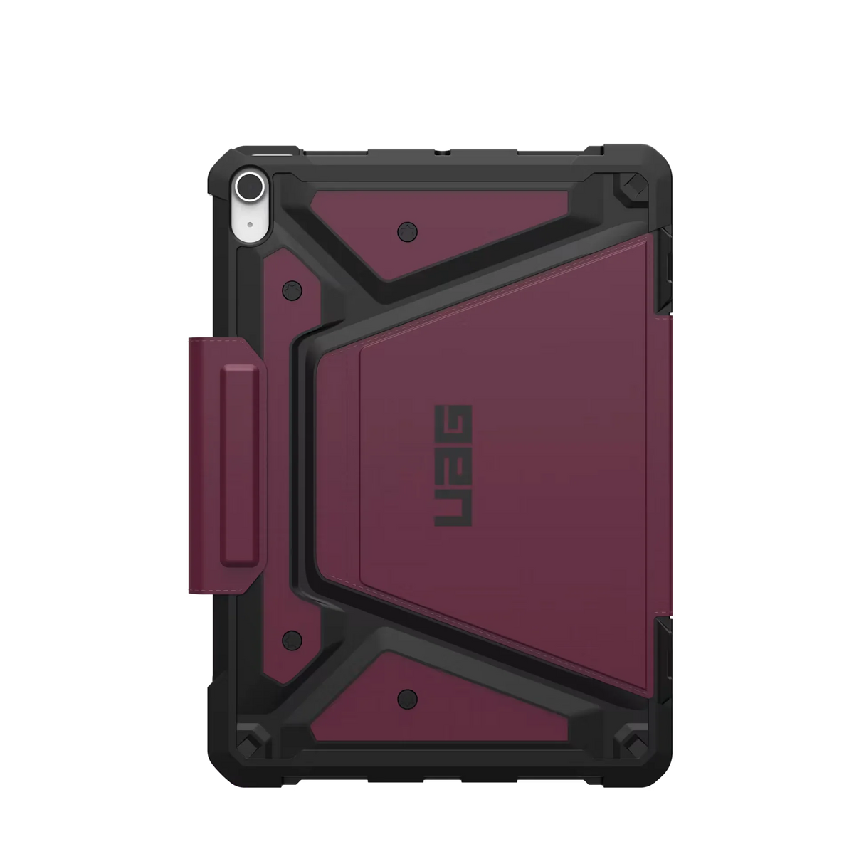 Czerwono-czarny etui UAG na tablet z uchwytem, idealne dla Home Office i biurka