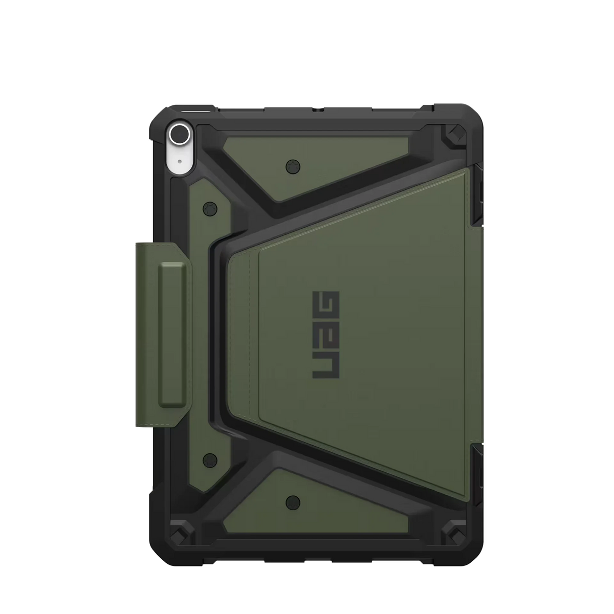 Zielony, odporny etui UAG na tablet z uchwytem, idealne dla Home Office i mobilnej pracy.