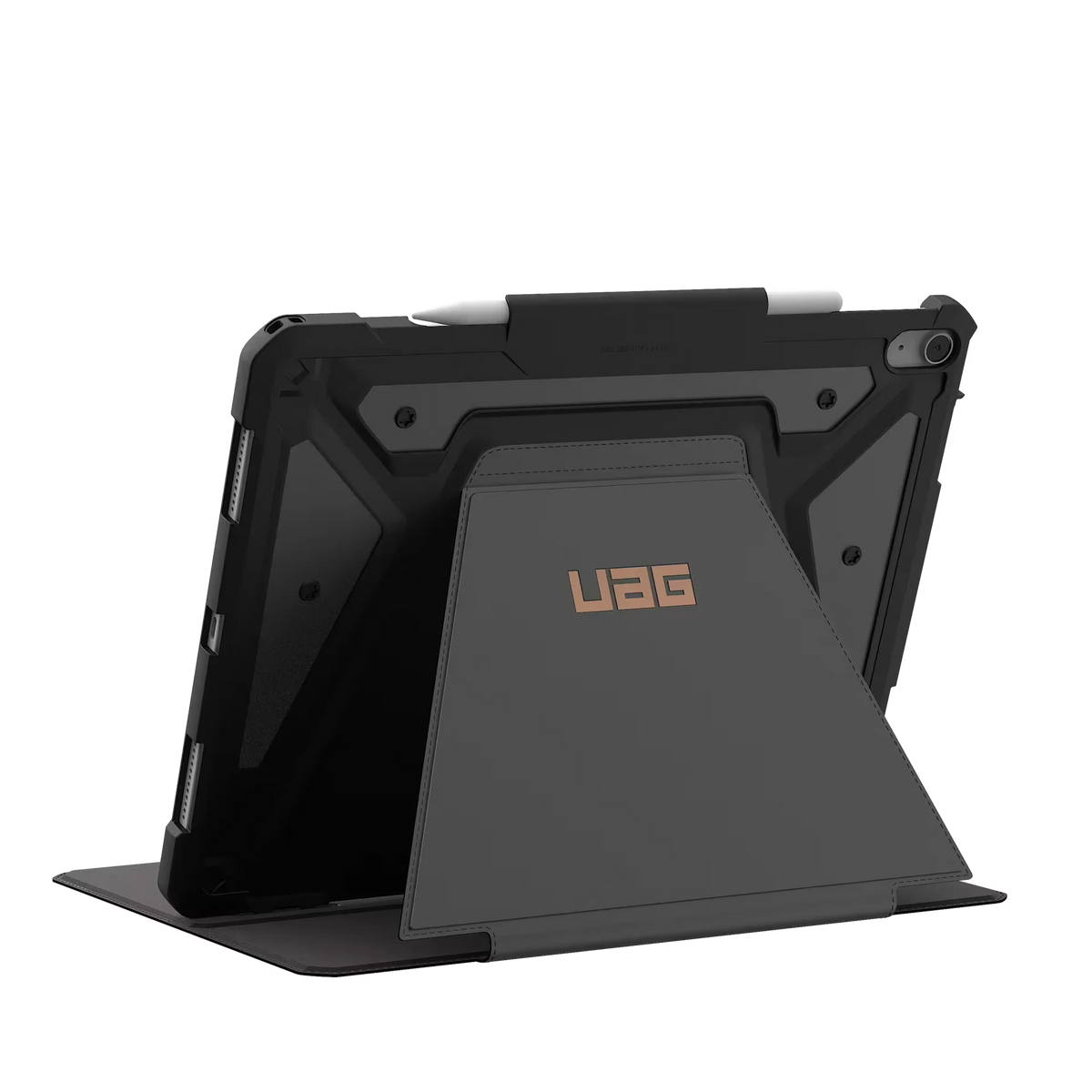 Czarny etui UAG z podstawą do tabletu, idealne dla home office i biurka