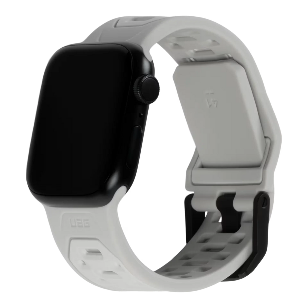 Szary pasek UAG do Apple Watch z czarnym obudowaniem, idealny dla biura i aktywnego stylu życia
