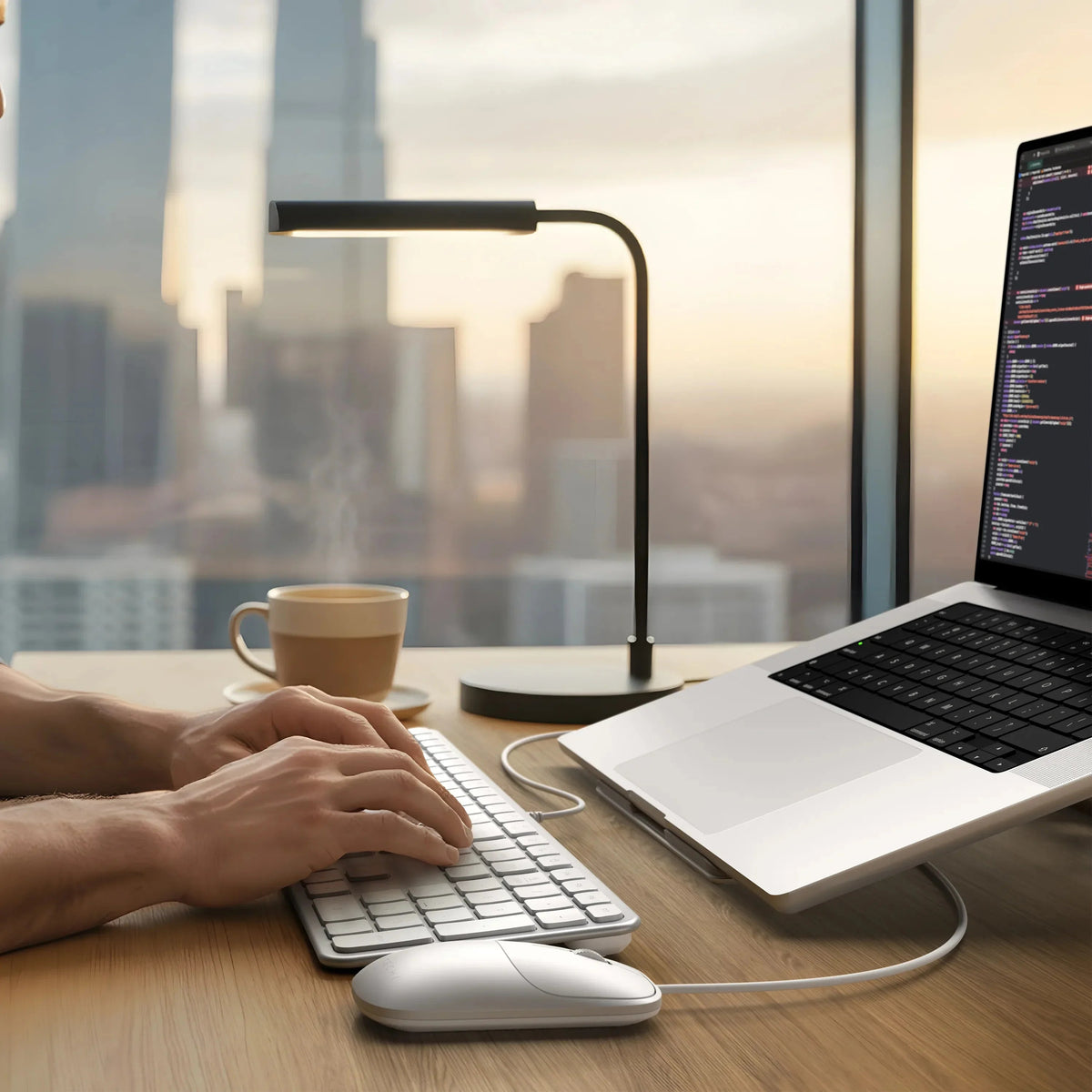 Praca w home office z laptopem, klawiaturą i myszą na drewnianym biurku z widokiem na miasto
