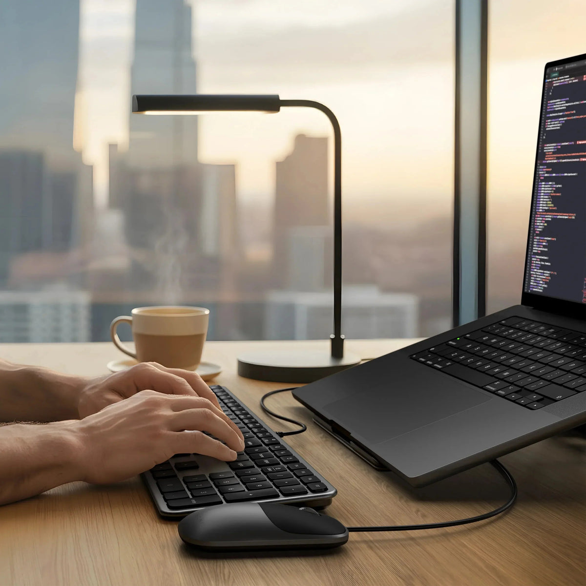 Praca w home office z laptopem, klawiaturą i myszą na drewnianym biurku z widokiem na miasto