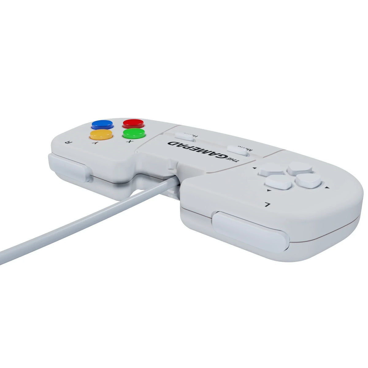 Biały gamepad z kolorowymi przyciskami i kablem, idealny do gier komputerowych i konsolowych