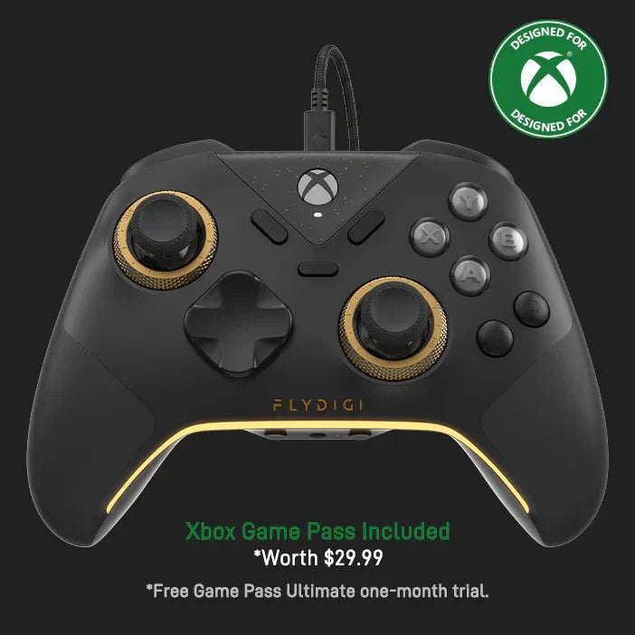 Czarny kontroler Xbox z złotymi akcentami i podświetleniem, kompatybilny z Xbox Game Pass