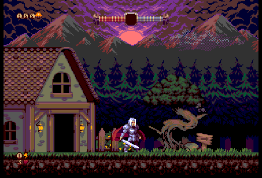 Pixelowy rycerz z mieczem przed domem w górach – retro gra w stylu 8-bit