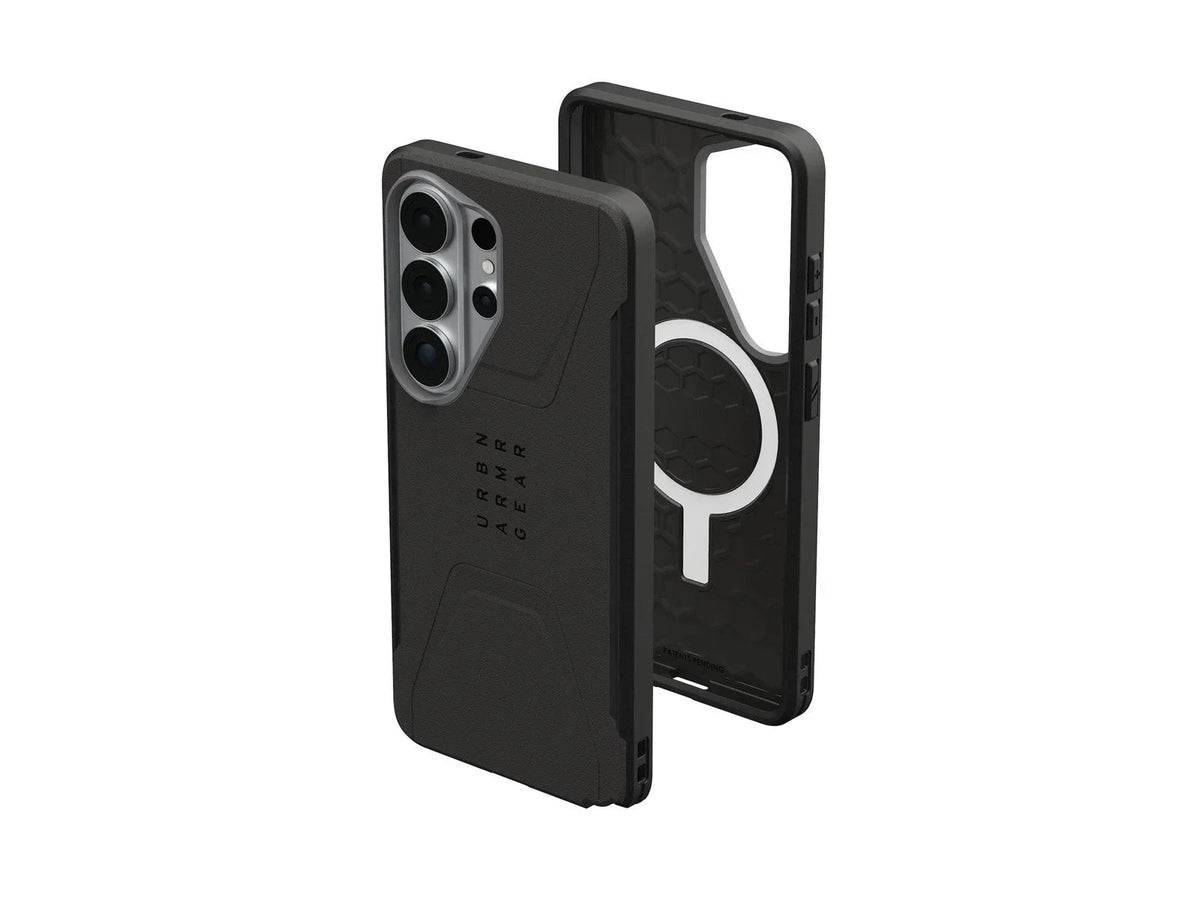Czarny etui z magnetycznym uchwytem do telefonu, idealne dla home office