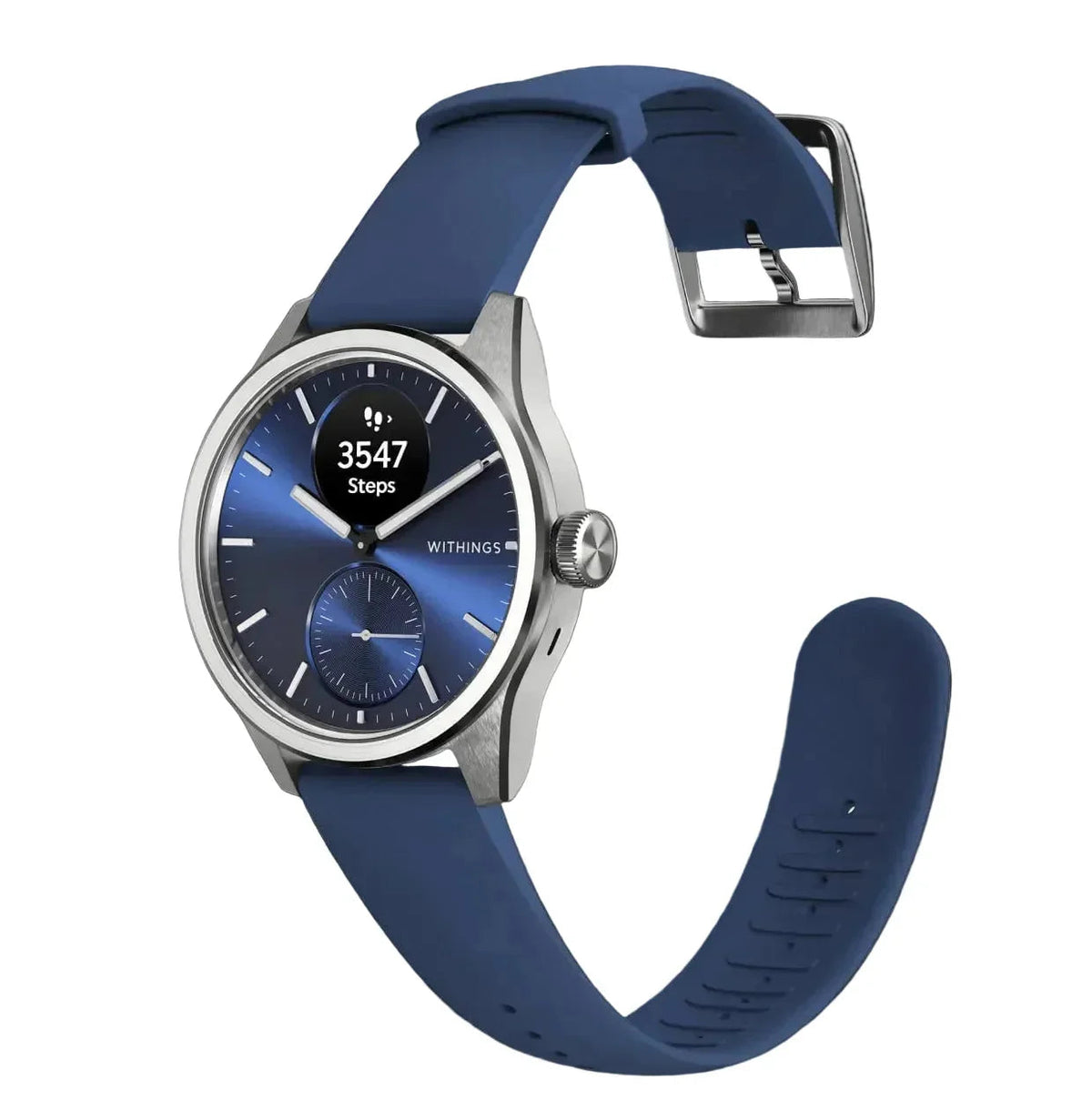 Zegarek Withings z niebieskim paskiem, wyświetlacz kroków, idealny do home office i aktywnego stylu życia