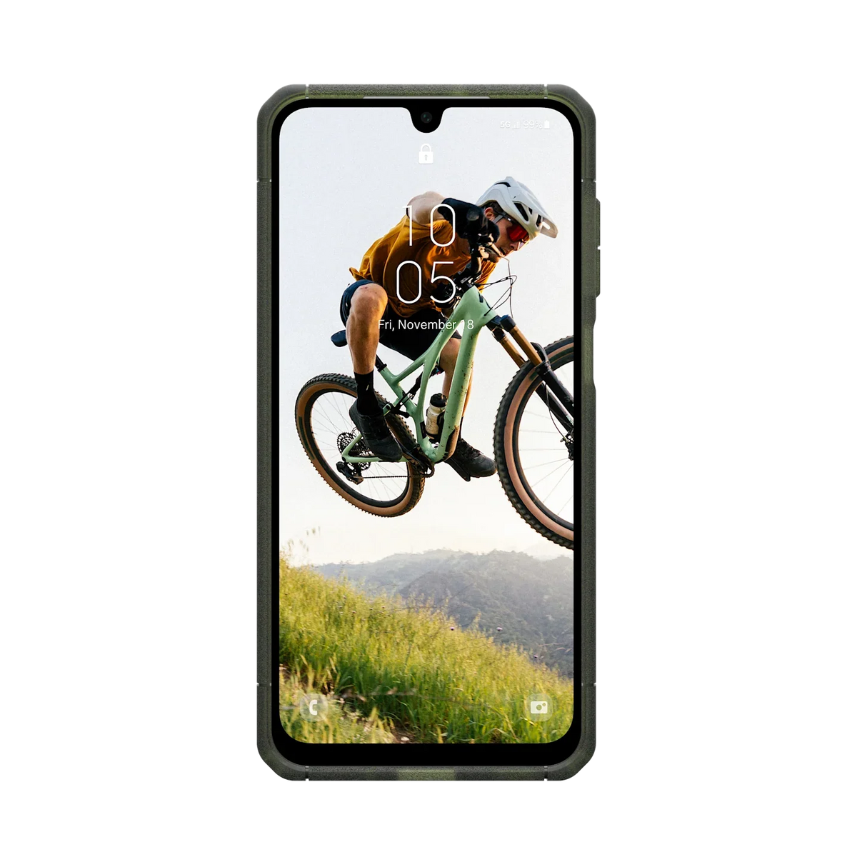 Zielony etui na telefon z motywem rowerzysty w akcji, idealne dla aktywnych użytkowników