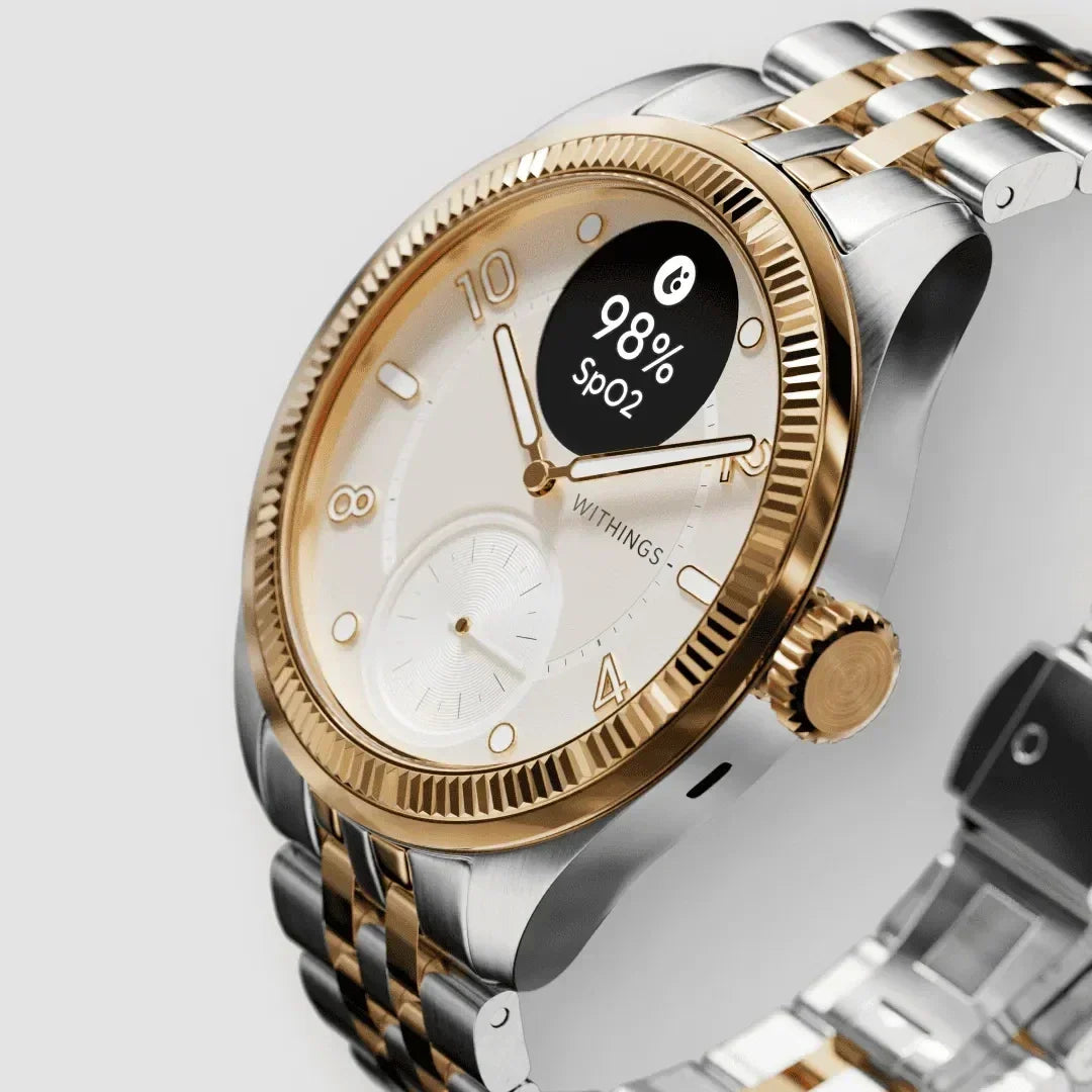 Złoto-srebrny zegarek Withings z wyświetlaczem SpO2 98% i eleganckim paskiem