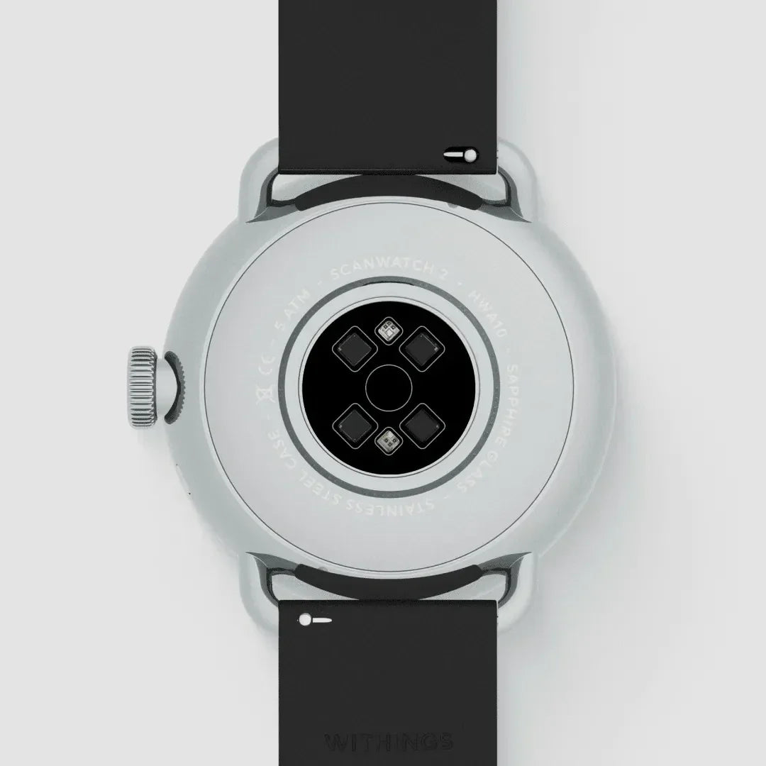 Zegarek Withings ScanWatch 2 z tyłu, stalowa obudowa, czarny pasek, czujniki zdrowotne