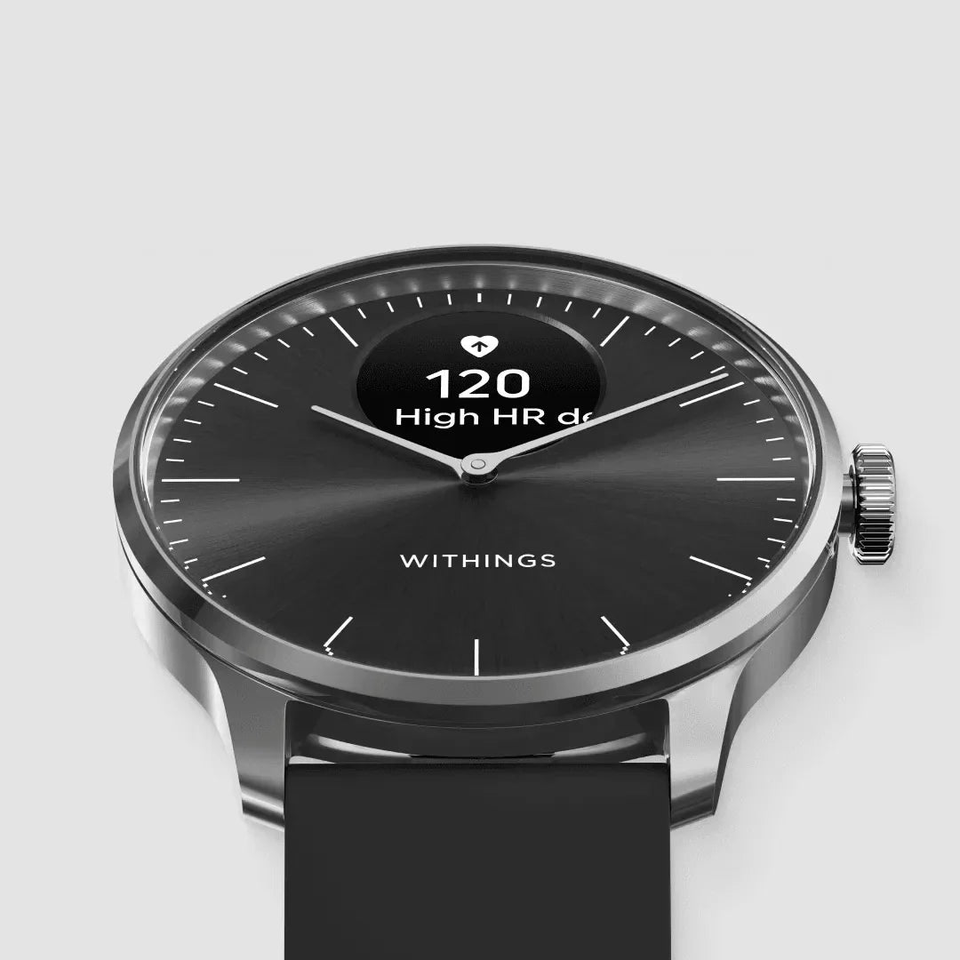 Zegarek Withings z czarnym paskiem i wyświetlaczem tętna 120, idealny dla home office