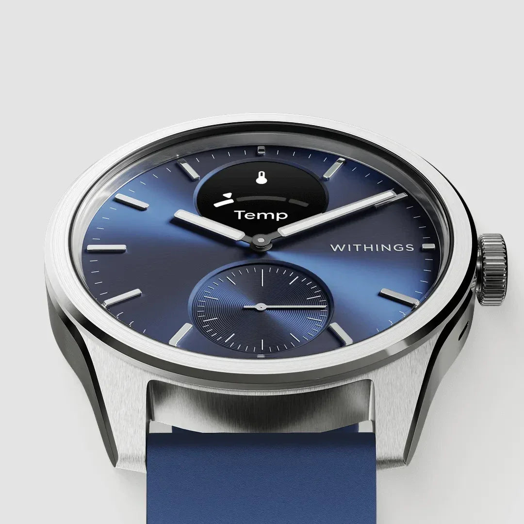 Zegarek Withings z niebieską tarczą i funkcją pomiaru temperatury, idealny do home office