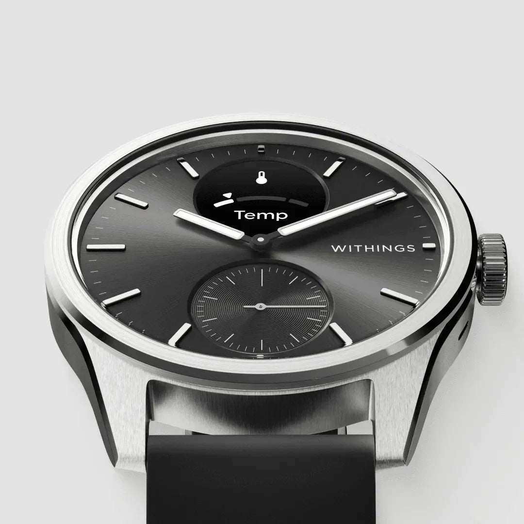Zegarek Withings z czarną tarczą i funkcją pomiaru temperatury, idealny do home office