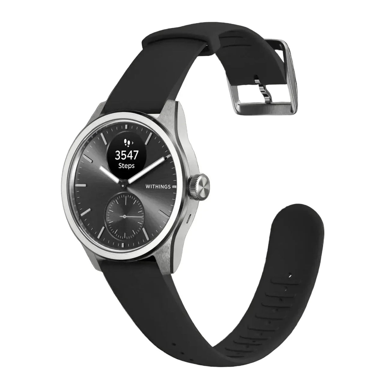 Zegarek Withings z czarnym paskiem, wyświetlacz kroków, idealny do home office i aktywnego stylu życia