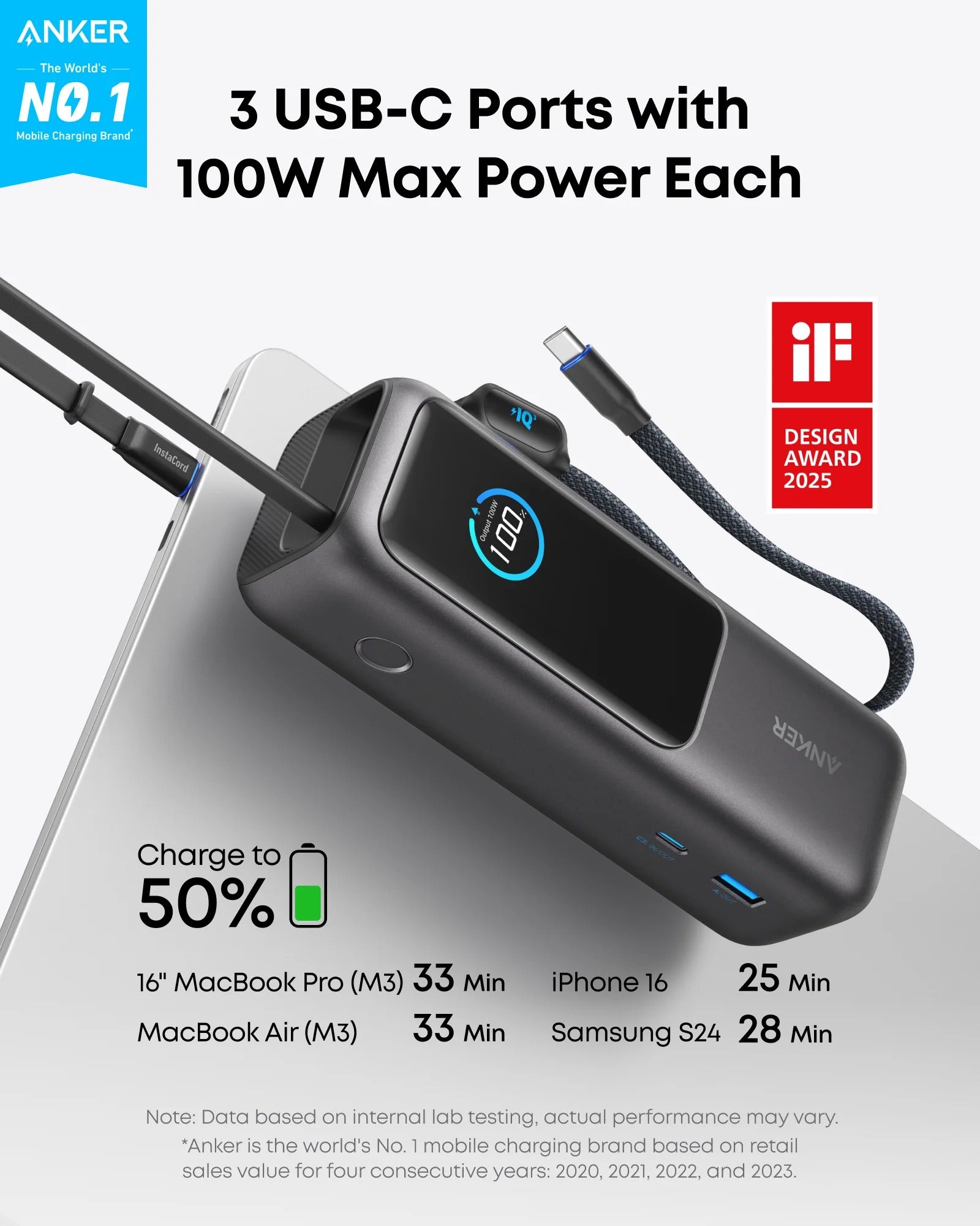 Anker - Laptop Power Bank (25K, 165W, Built-In and Retractable Cables)