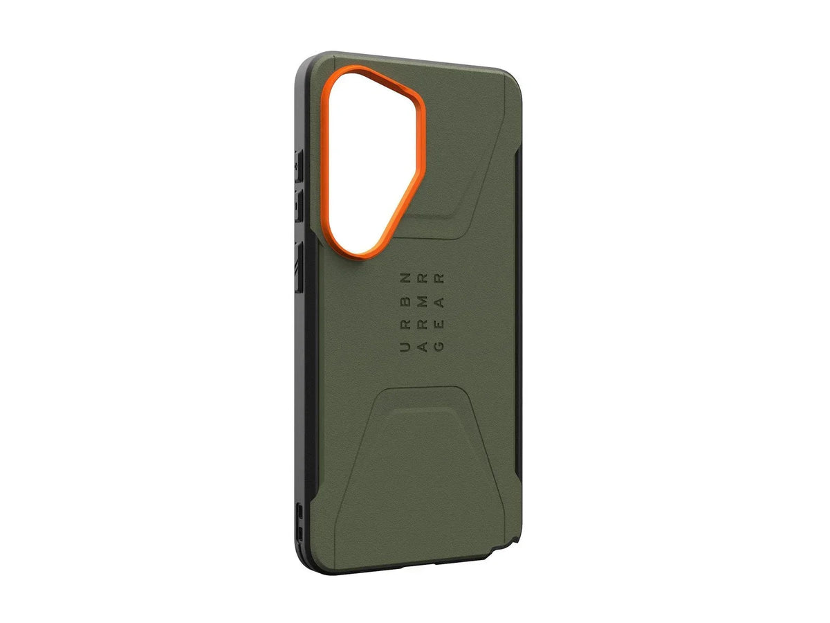 Zielony etui na telefon z pomarańczowym obramowaniem obiektywu i napisem 'URBAN ARMOR GEAR'