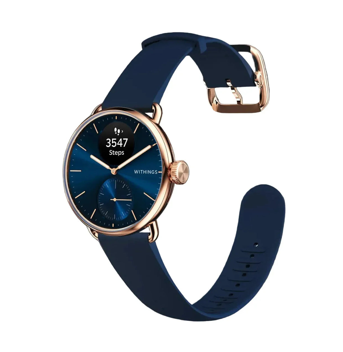 Zegarek Withings z niebieskim paskiem i złotą obudową, wyświetlacz kroków