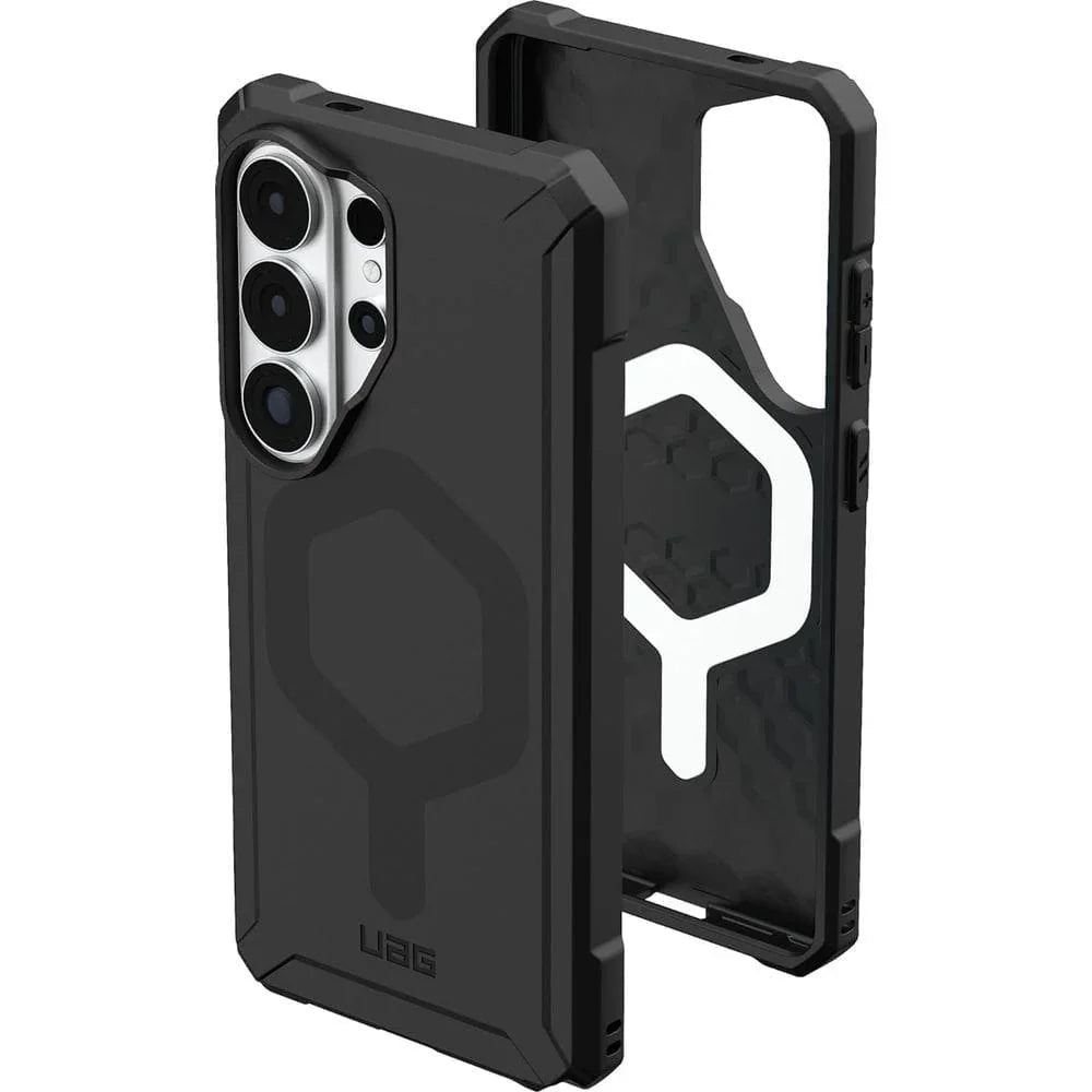 Czarny, ochronny etui UAG na telefon z widocznym modułem aparatu i geometrycznym wzorem