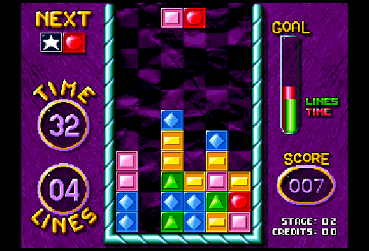 Klasyczna gra Tetris z kolorowymi blokami, licznikami czasu i wyniku na fioletowym tle