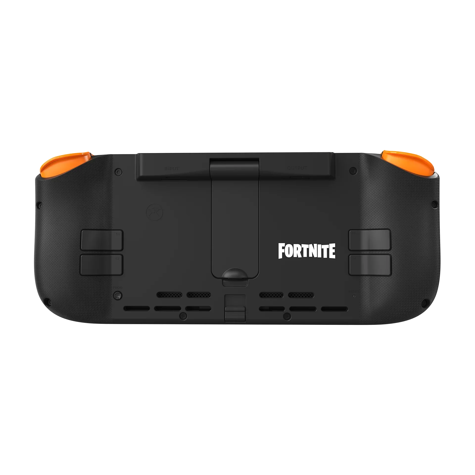 Czarny kontroler Fortnite z pomarańczowymi akcentami i uchwytem do telefonu