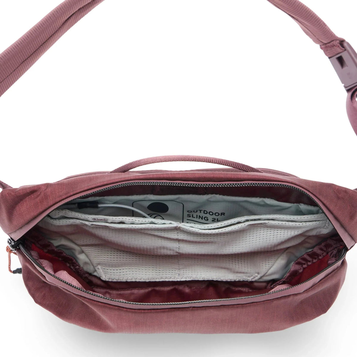 Wnętrze torby na ramię Outdoor Sling 2L, różowa, z przegródkami i siateczkowymi kieszeniami