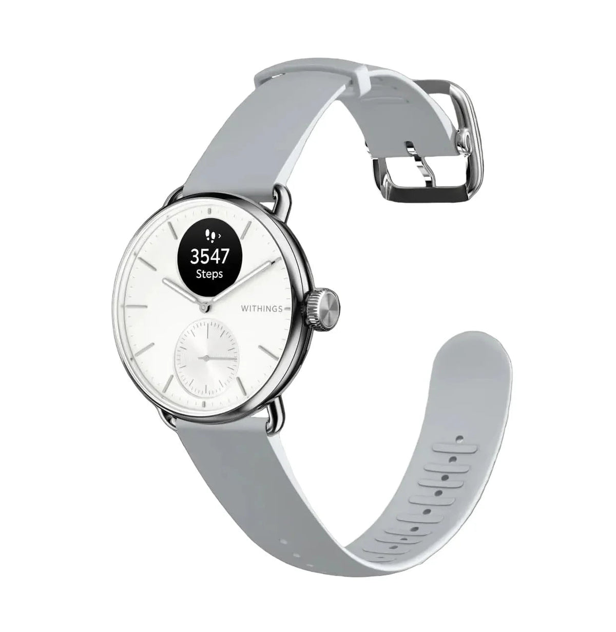 Zegarek Withings z białą tarczą i szarym paskiem, wyświetlający licznik kroków dla aktywnego stylu życia