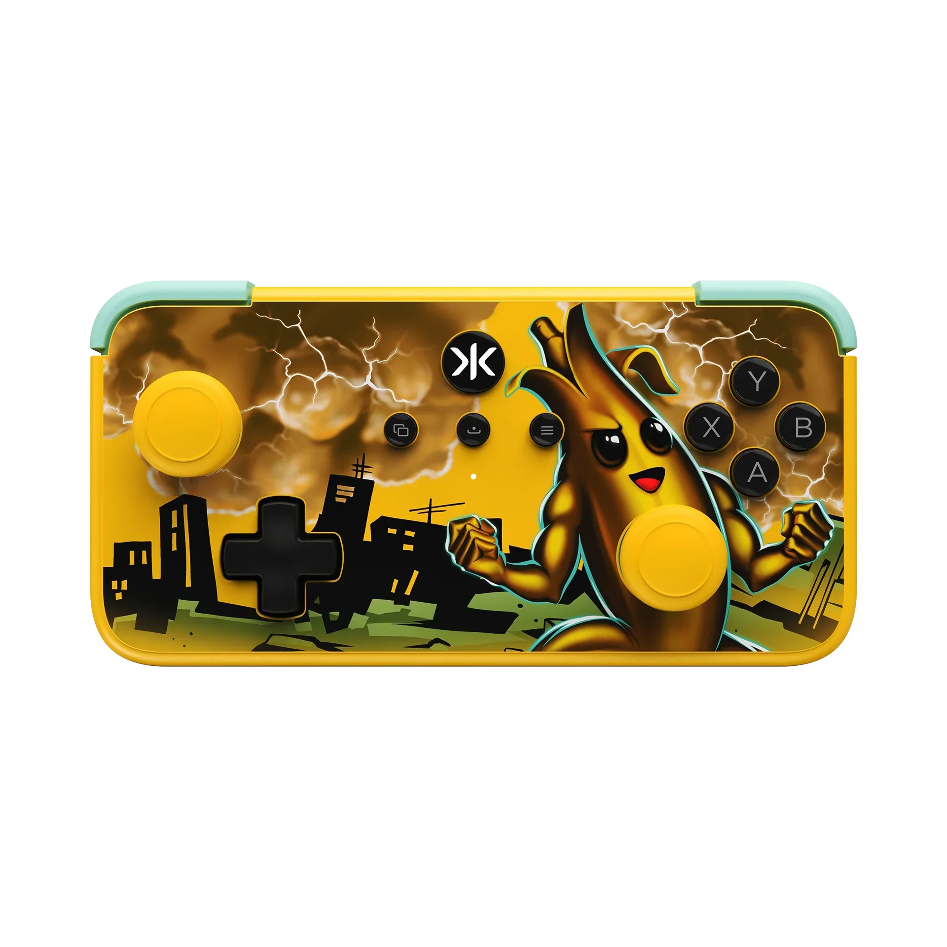 Kolorowy kontroler gier z motywem Pikachu, idealny do gamingu i personalizacji desk setupu