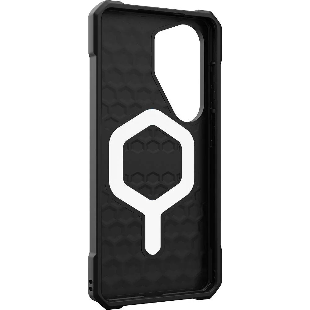 Czarny etui na telefon z białym logo i wzorem sześciokątów, idealne do Home Office