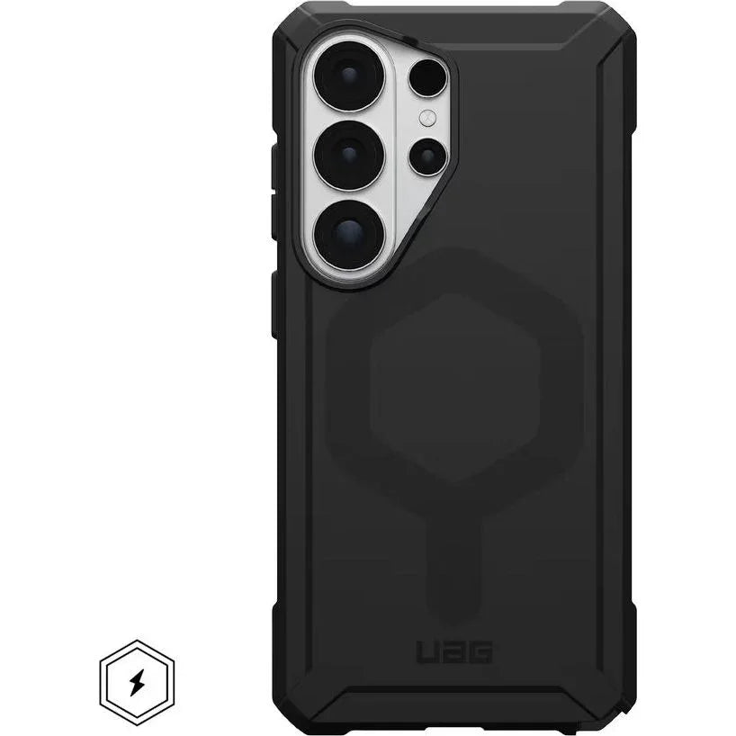 Czarny, odporny na wstrząsy etui UAG z magnetycznym uchwytem do telefonu z wieloma obiektywami