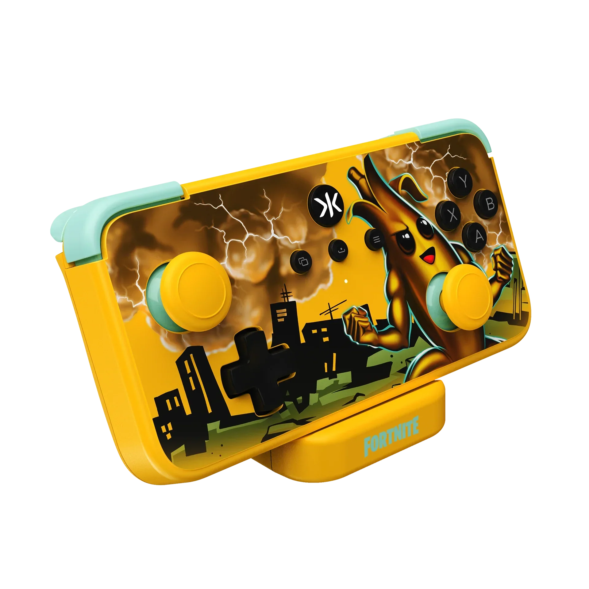 Żółty kontroler Fortnite z grafiką Pikachu i piorunami, idealny do gier mobilnych i desktopowych