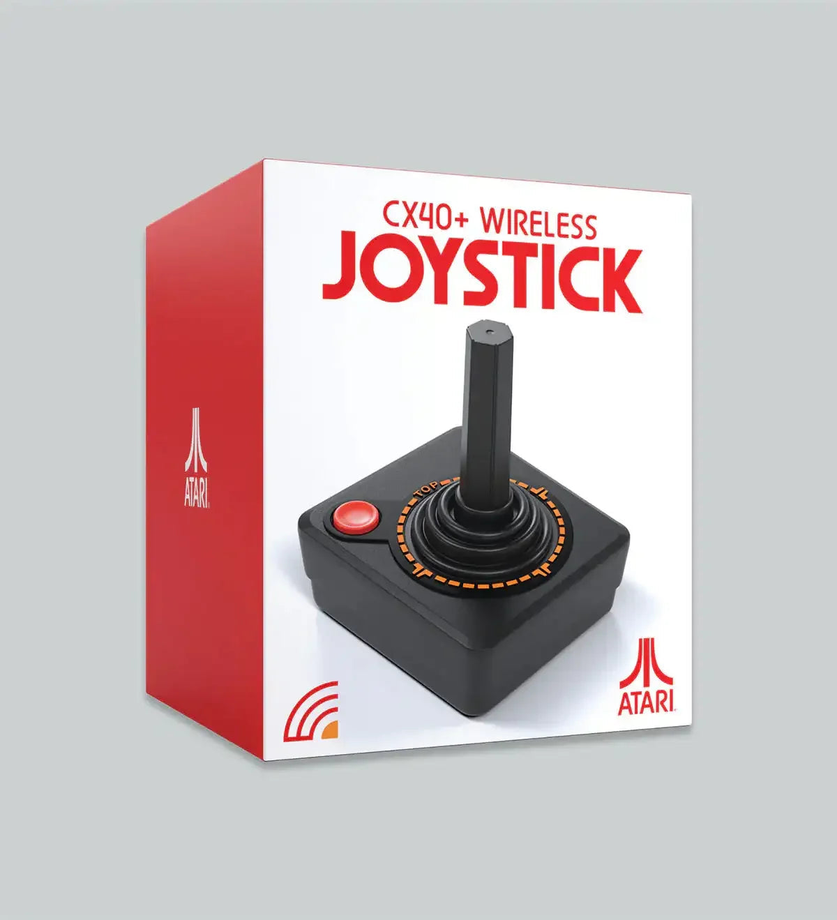 Bezprzewodowy joystick Atari CX40+ do gier retro, czarny z czerwonym przyciskiem, w pudełku