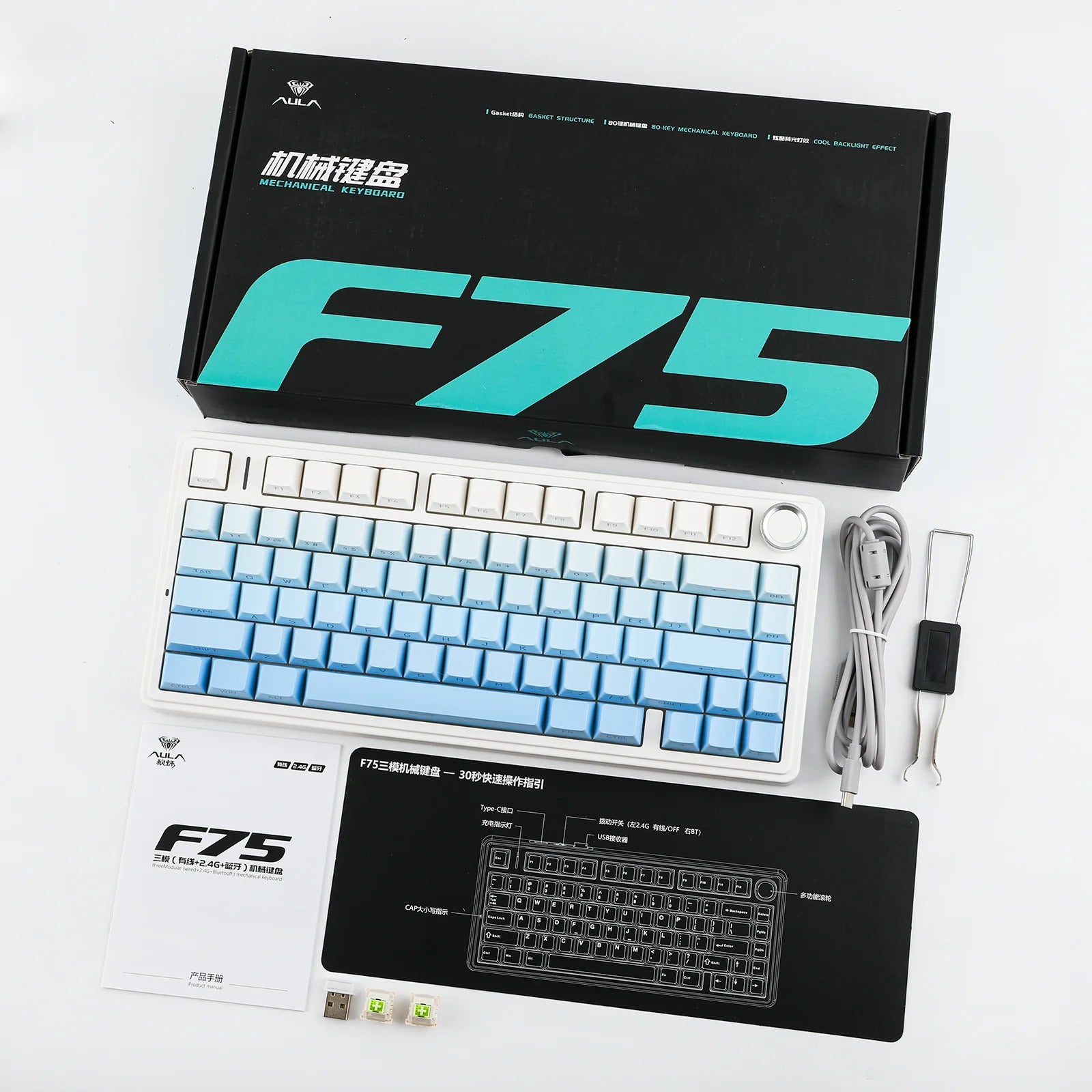 AULA - F75 - Gasket-Mounted Triple Modes Wireless Mechanical Keyboard - Gradient Blue Side-Engraved