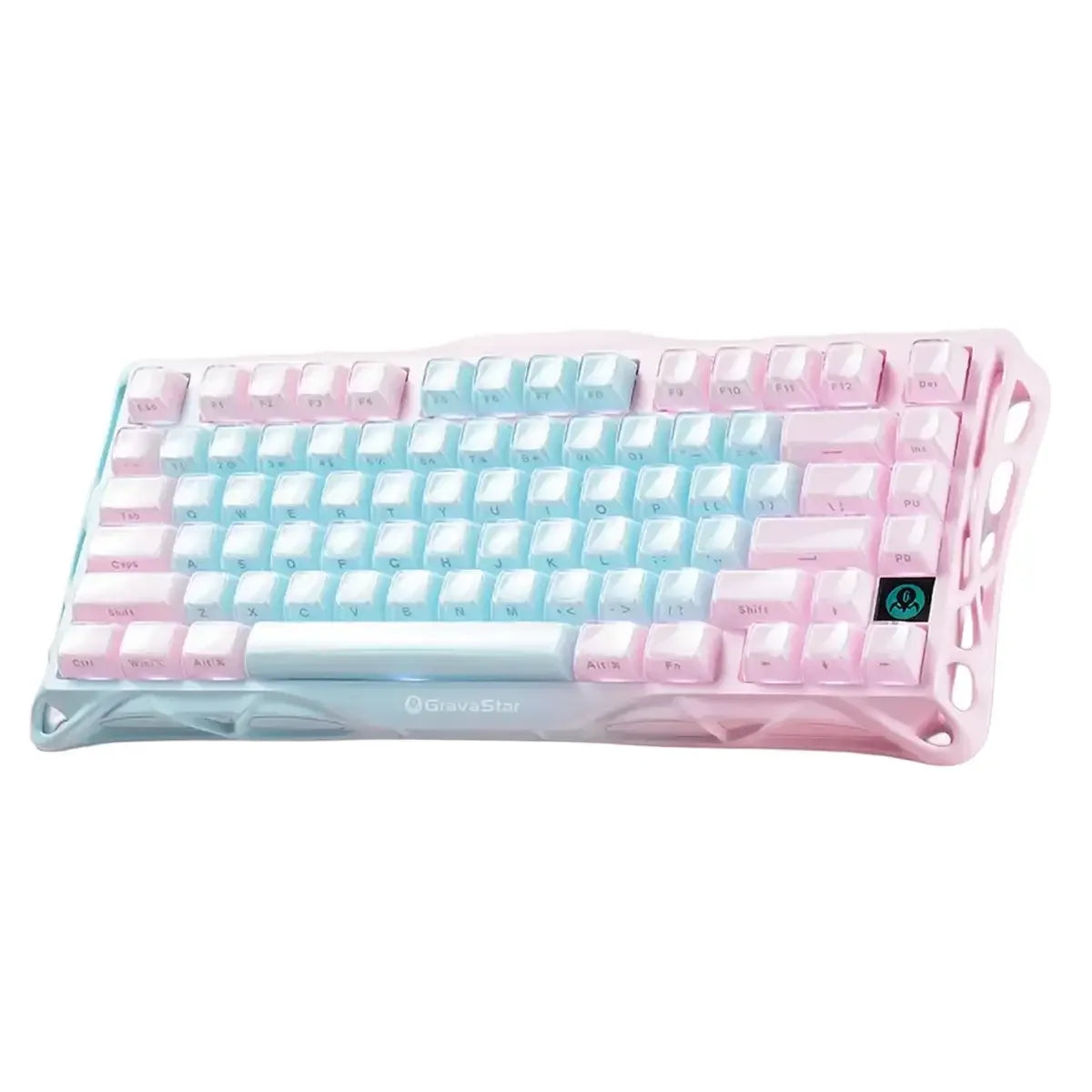 Mechaniczna klawiatura pastelowa w kolorach różowo-niebieskich, idealna do home office i personalizacji desk setupu.