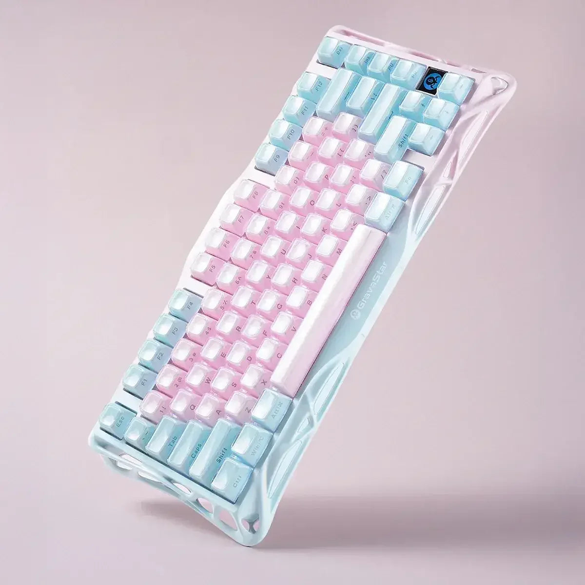 Mechaniczna klawiatura pastelowa z różowymi i niebieskimi keycapami, idealna do home office i personalizacji desk setupu.
