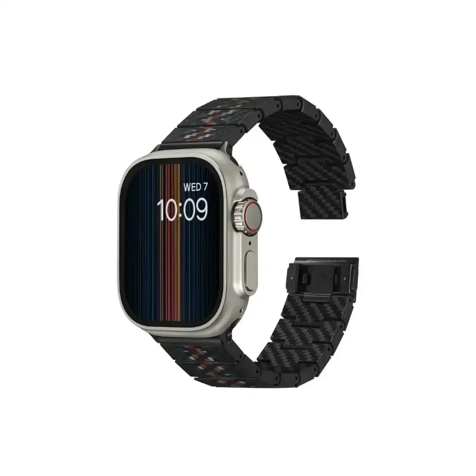 Czarny pasek do Apple Watch z kolorowym wzorem, nowoczesny styl, solidny design.