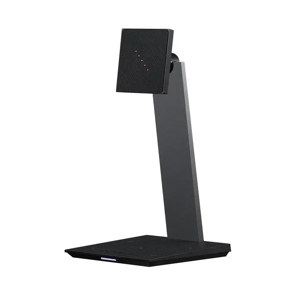 Czarny stojak do ładowania bezprzewodowego, minimalistyczny design, akcesorium biurowe
