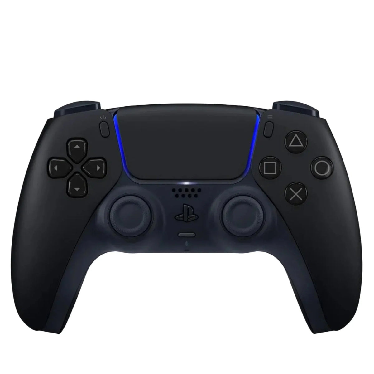 Czarny kontroler PlayStation 5 z niebieskim podświetleniem, idealny do gier i rozrywki